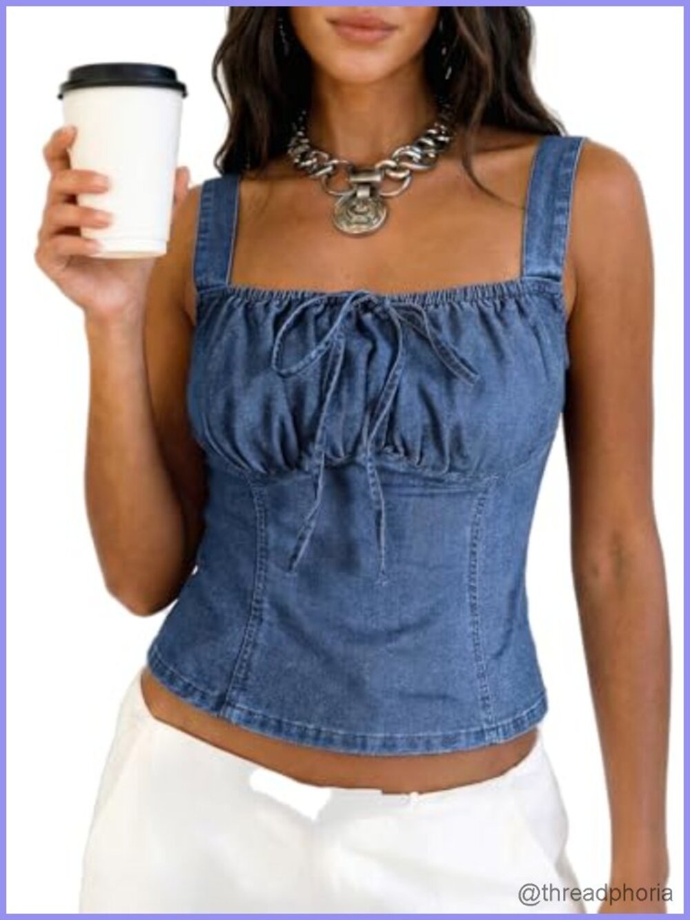 Denim Corset Top for Women Jean Vest Crop Smocked Back Square Neck Country
